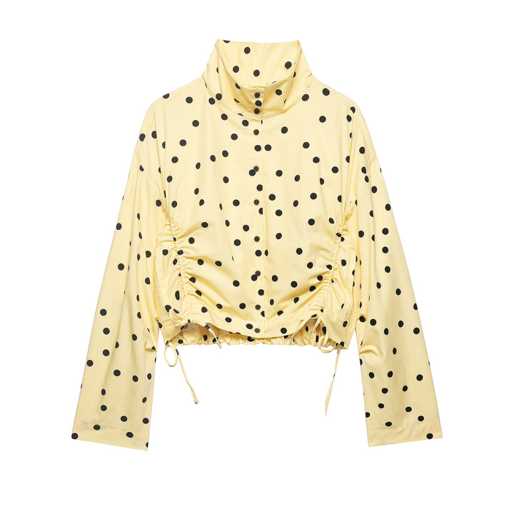 Women's Cropped Polka Dot Blouson Jacket with Standing Collar and Drawstring