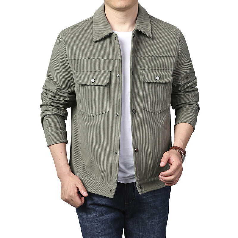 Men's Cord Worker Jacket in Trucker Style with Snap Button Closure and Flap Pockets Mune Fashion