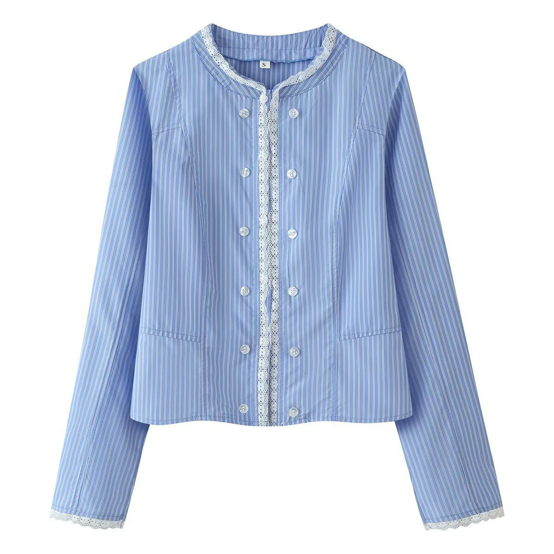 Women's Cropped Blouse Jacket with Double-breasted Button Placket and Lace Trimmings Drune
