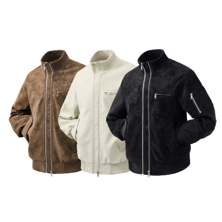 Men's faux suede bomber jacket with two-way zipper, sleeve pocket and elastic ribbed cuffs Mune Fashion