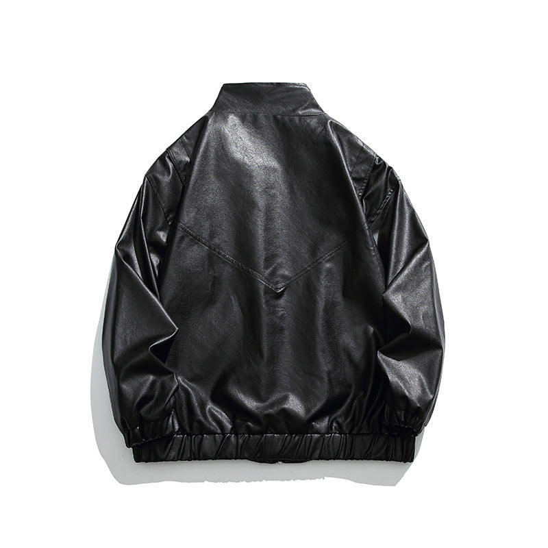 Men's Boxy Faux Leather Blouson Jacket with Stand Collar Snap Placket and Elastic Hem Mune Fashion