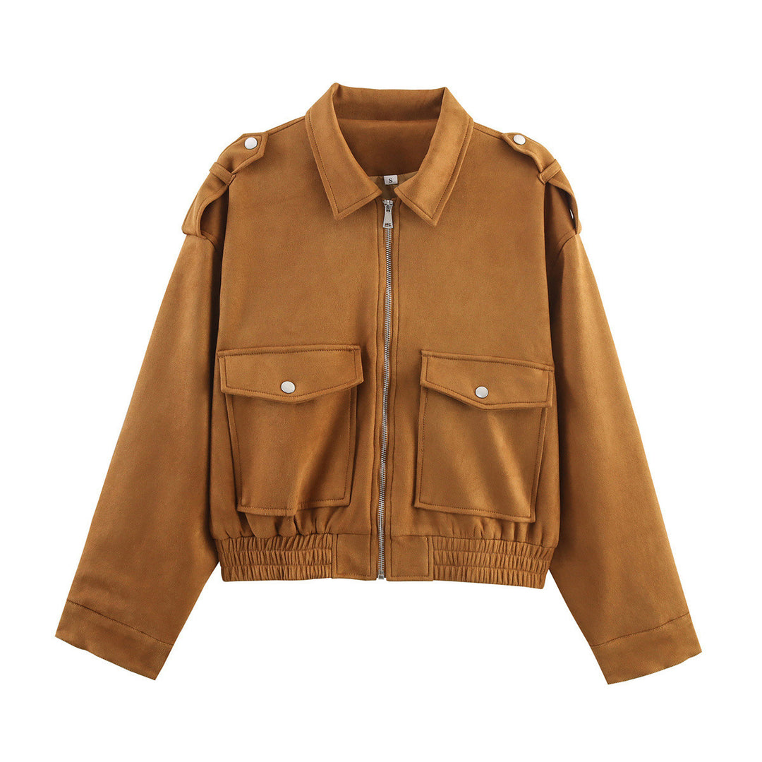 Women's short jacket in utility bomber style with flap pockets, shoulder epaulets, and elastic hem Mune Fashion