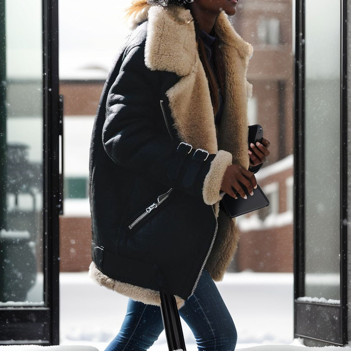 Women Short Bomber Jacket with Teddy Lining, Soft Lamb Fur Collar and Zipper Mune Fashion
