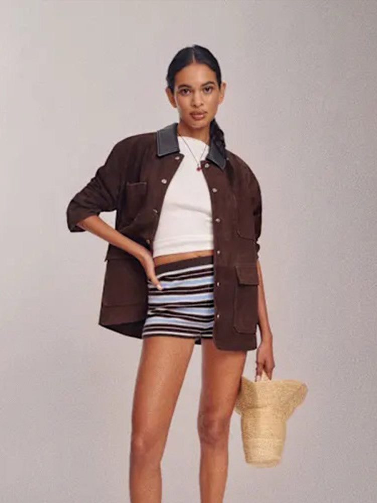 Women's Oversized Utility Jacket in Suede Look with Contrast Collar & Patch Pockets Mune Fashion