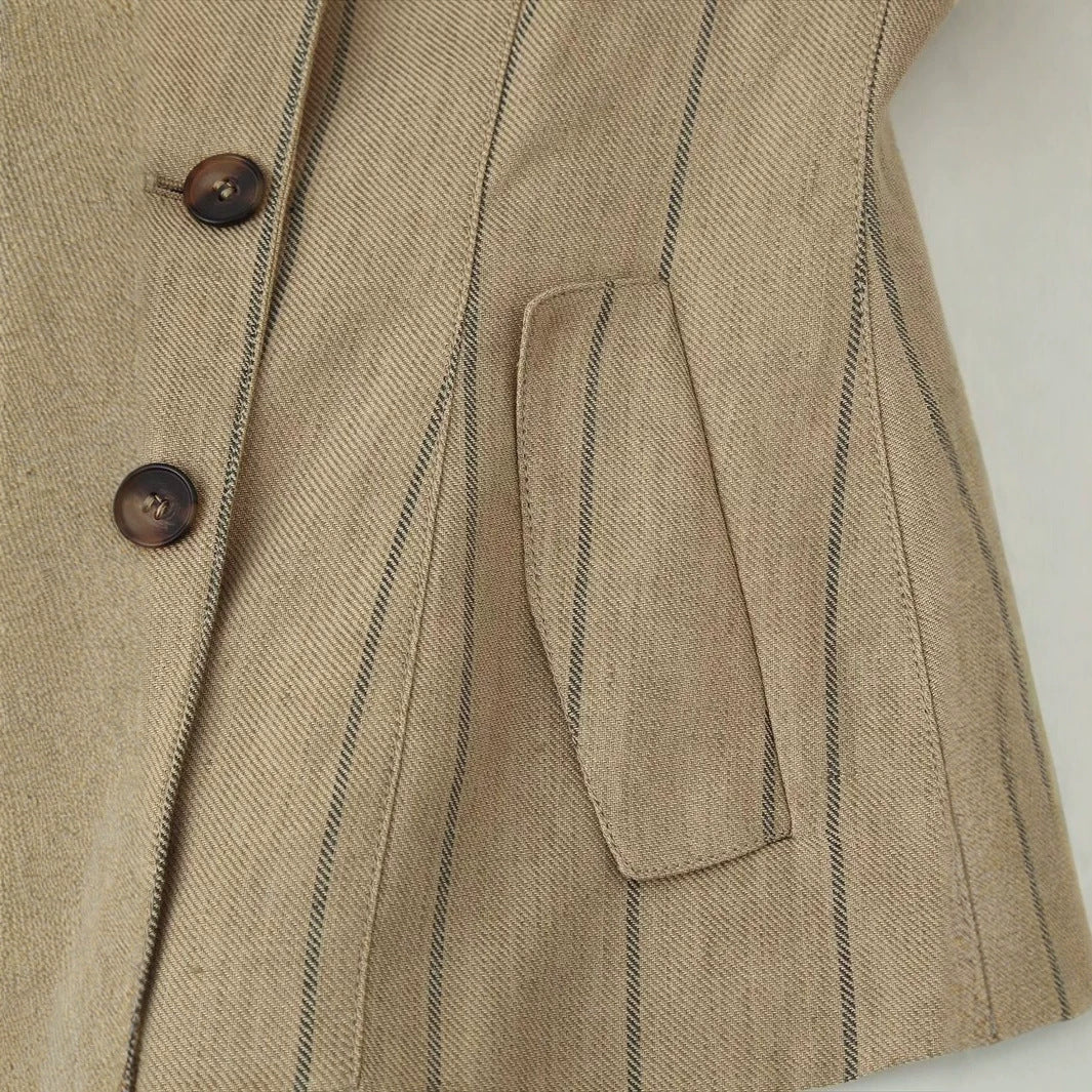 Women tailored linen blazer with stand-up collar and inset design elements Mune Fashion