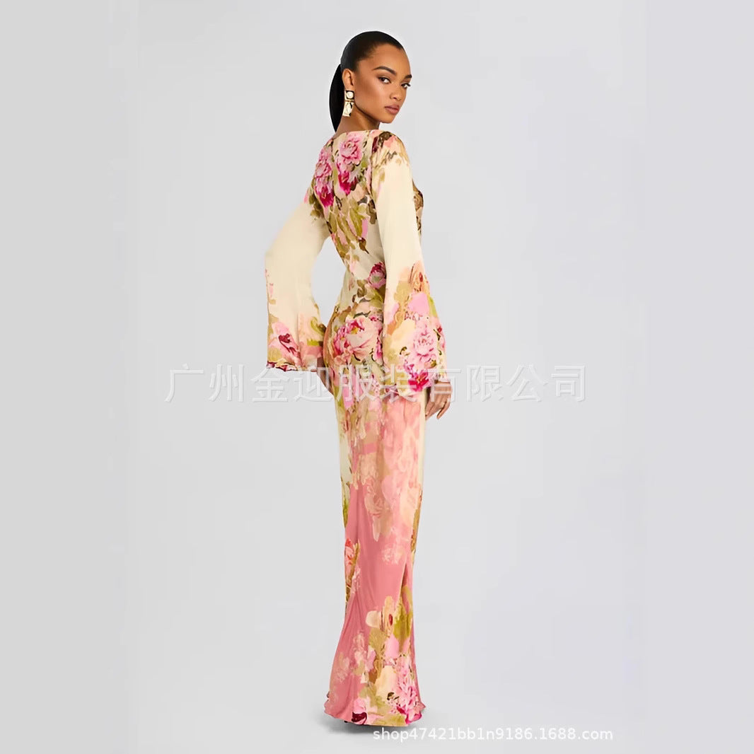 Women's long evening dress with trumpet sleeves and floral pattern Mune Fashion