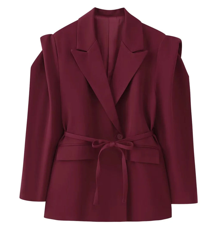Women's blazer with shoulder cutouts, belted waist and single button closure Mune Fashion