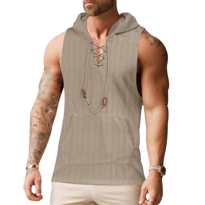 Men sleeveless hoodie sweatshirt with laced collar and kangaroo pocket Mune Fashion