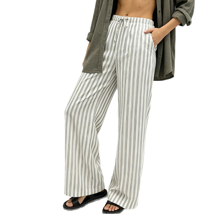 Women's Striped Loose Linen Look Palazzo Pants with Elastic Waistband and Drawstring Mune Fashion