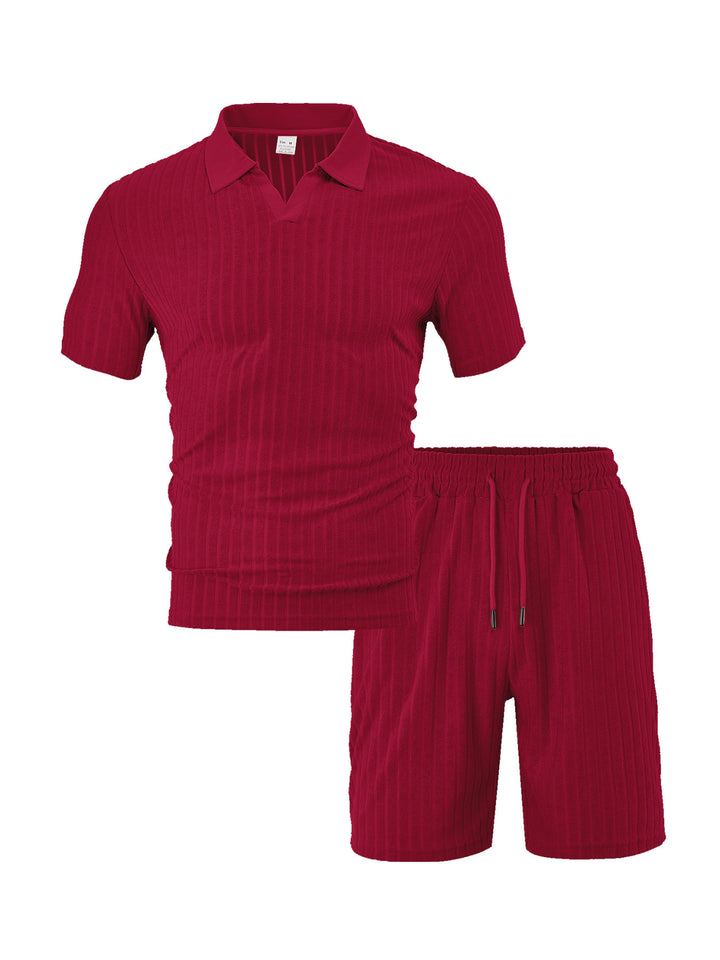 Men's knit lounge ensemble with polo collar V-insert and drawstring bermudas Mune Fashion