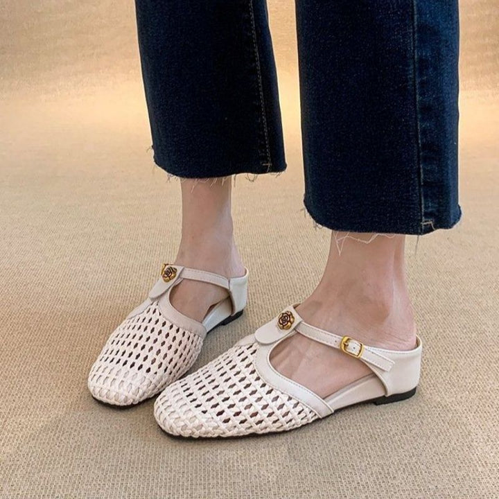 Women's Braided Mule Ballet Flats with T-Strap and Decorative Rose Appliqué Mune Fashion