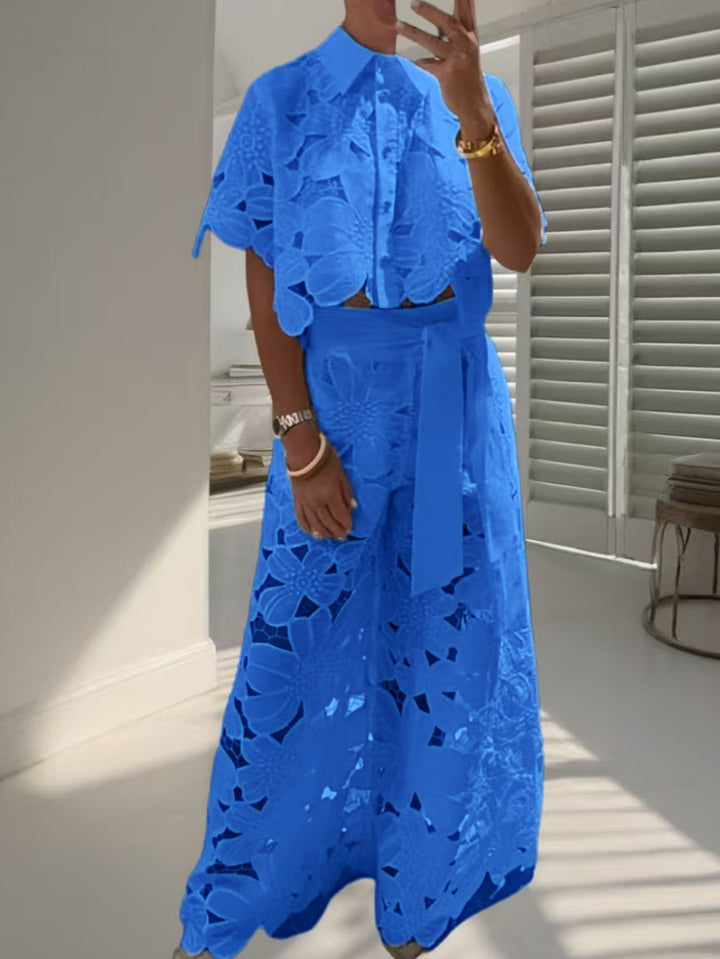 Women's two-piece lace embroidery set with short blouse and maxi skirt with tie belt Mune Fashion