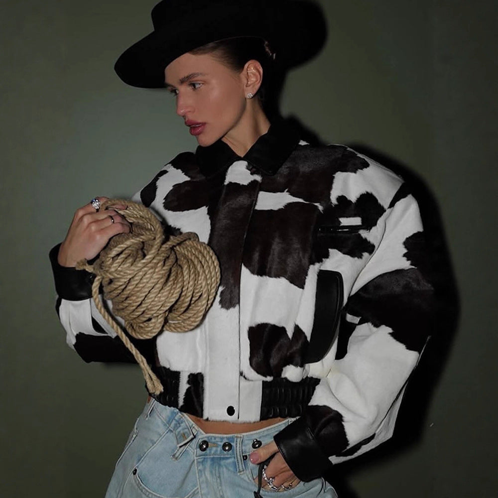 Women Short Cut Boxy Faux Fur Jacket in Cow Spot Pattern Mune Fashion