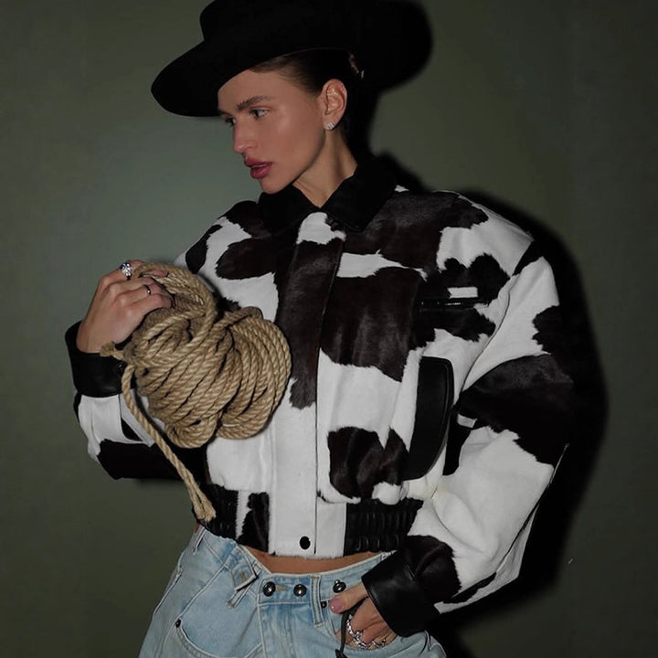 Women Short Cut Boxy Faux Fur Jacket in Cow Spot Pattern Mune Fashion