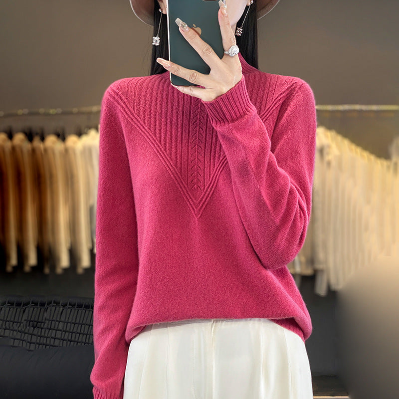 Women's Loose Mohair Blend Sweater with Textured V Panel and Stand Collar Mune Fashion
