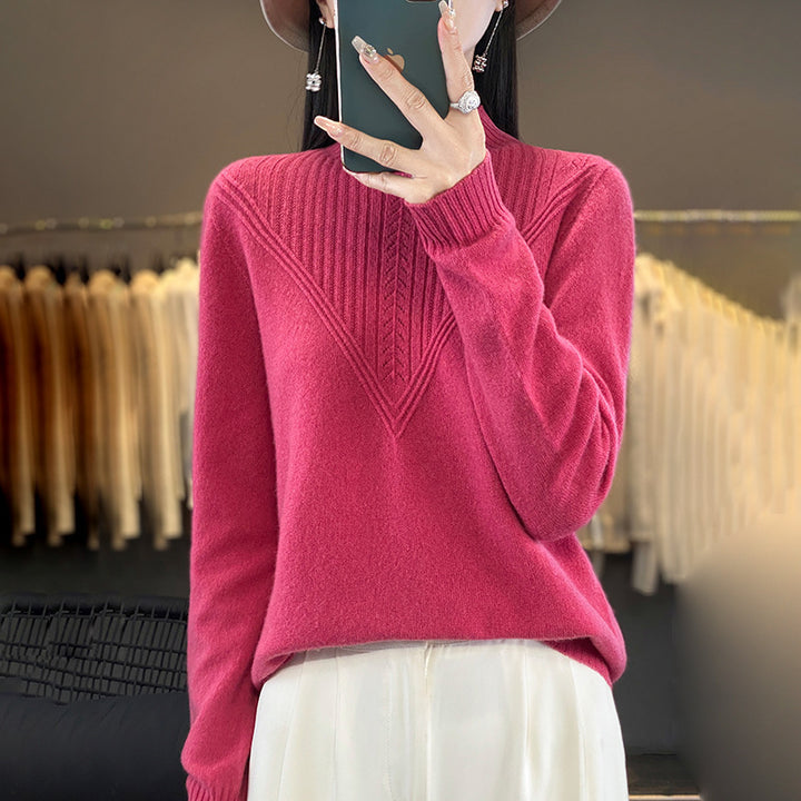 Women's Loose Mohair Blend Sweater with Textured V Panel and Stand Collar Mune Fashion