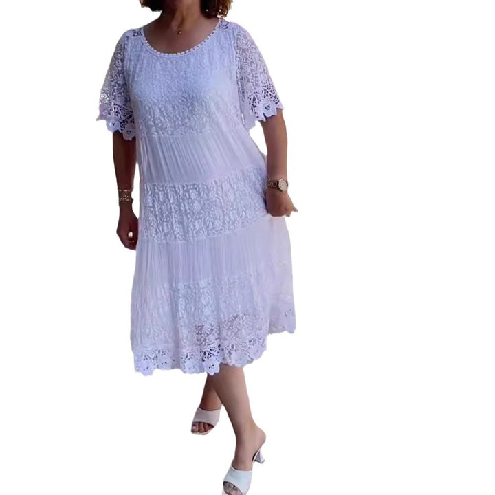 Women's midi dress with lace tiers, pleated inserts and short trumpet sleeves Mune Fashion