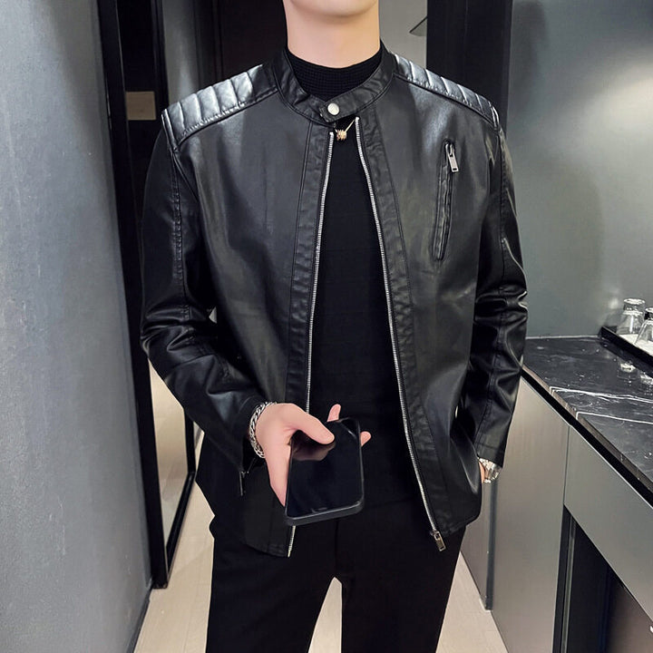 Men's Elegant Leather Jacket with Stand-up Collar Mune Fashion