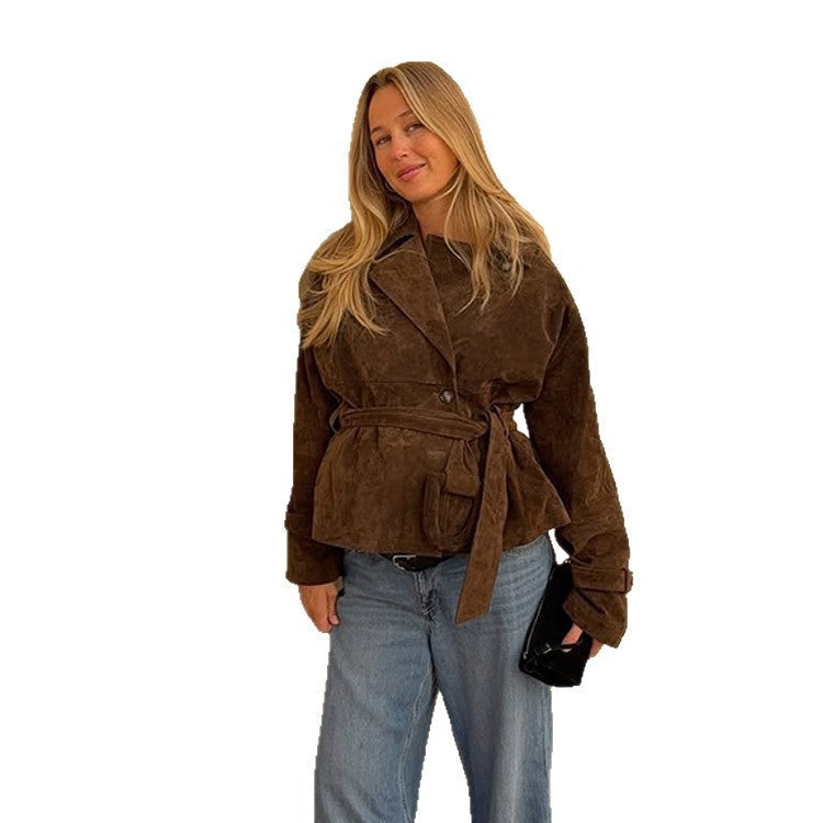 Ladies Fashionable Suede Jacket with Waist Belt and Voluminous Sleeves Mune