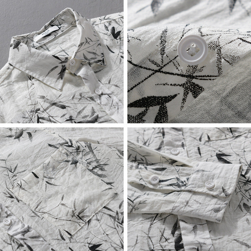 Men's Breathable Linen-Cotton Shirt with Botanical Brush Print and Kent Collar Mune Fashion