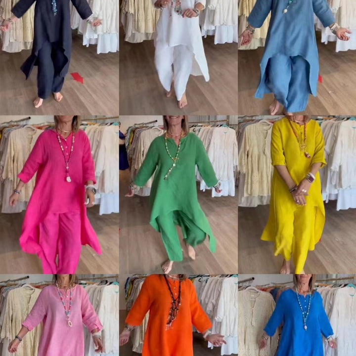 Women's Midi-Length Linen Tunic Set with Asymmetric Hem and Wide Palazzo Pants Mune Fashion