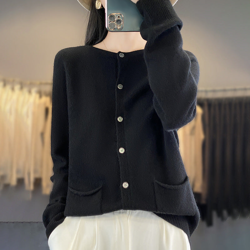 Women's Long Fine Knit Cardigan with Round Neck, In-seam Pockets and Alpaca Mix Mune Fashion