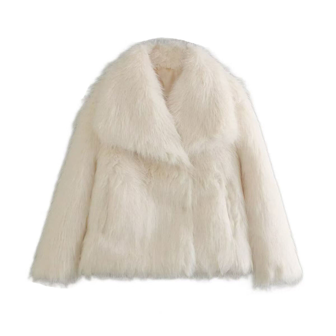 Women's Short Faux Fur Jacket with Wide Shawl Collar Mune Fashion