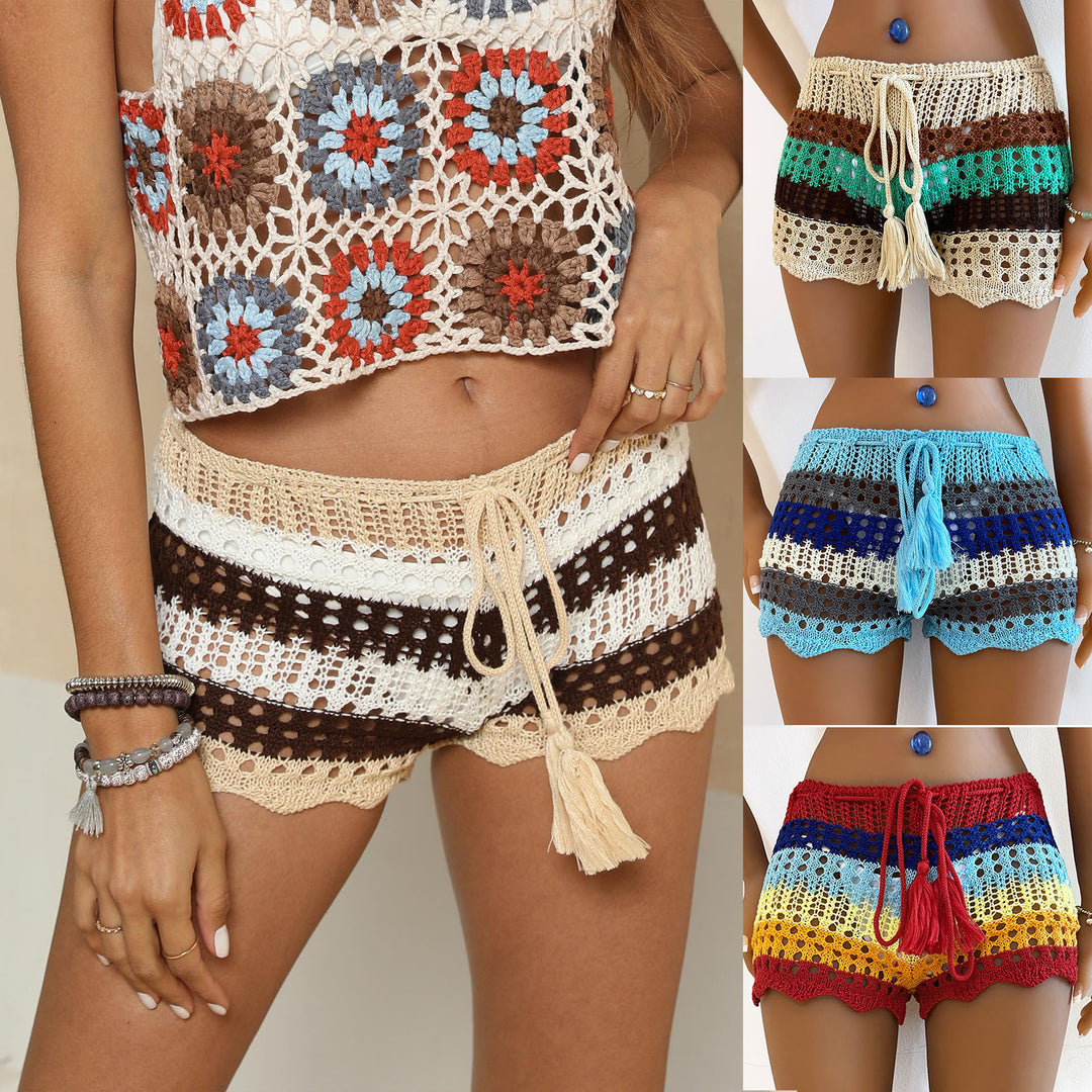 Ladies crochet beach shorts with decorative waist drawstring Mune Fashion