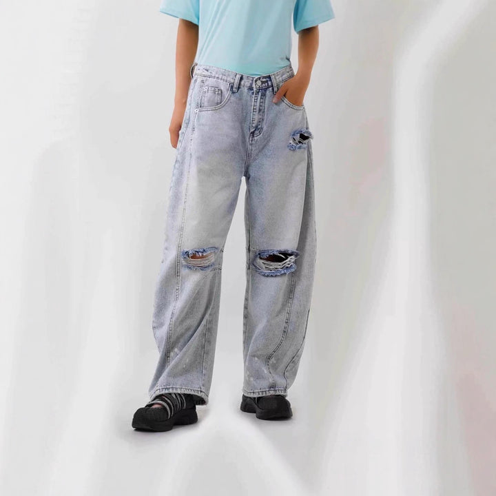 Women nan Baggy Jeans with high waistband, visible seam panels and distressed knee areas Mune Fashion