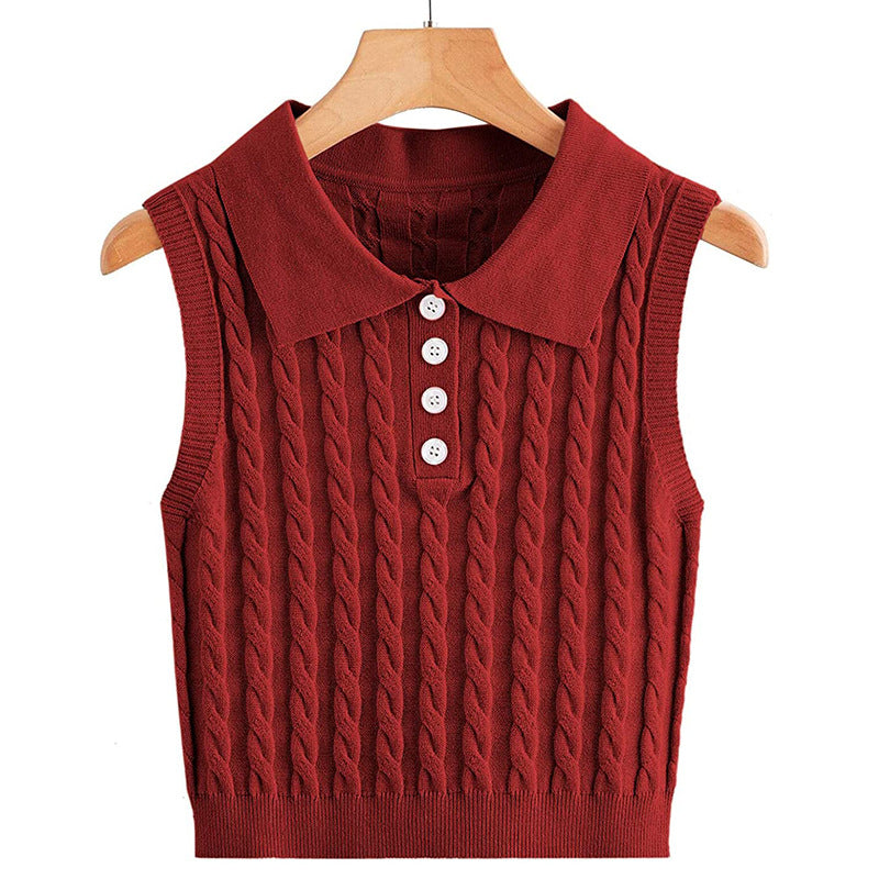 Women's fine knit sleeveless polo vest with cable pattern and tailored cut Mune Fashion