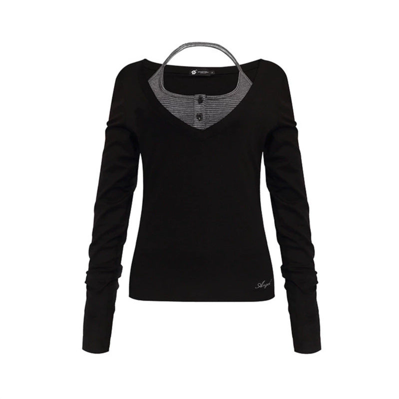 Women's long sleeve shirt with double layer effect, deep V-neck and striped insert Mune Fashion