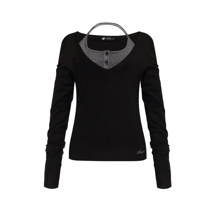 Women's long sleeve shirt with double layer effect, deep V-neck and striped insert Mune Fashion