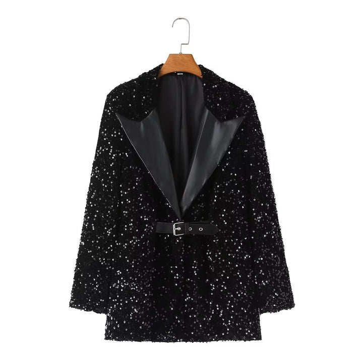 Women's glittering sequin blazer coat with wide shawl collar, satin lapel and adjustable waist belt Mune Fashion