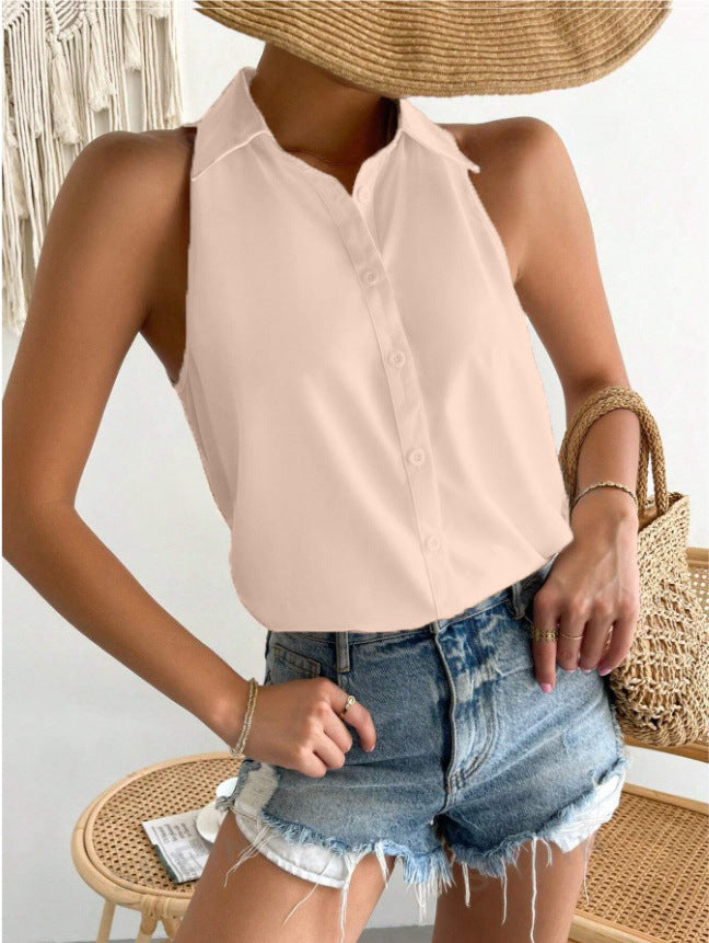 Women's Sleeveless Shirt with Classic Collar and Chic Cut Mune Fashion