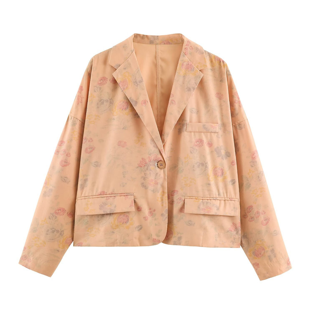 Women Boxy Blazer Jacket with Floral Silk Look, One Button Closure and Flap Pockets Mune Fashion