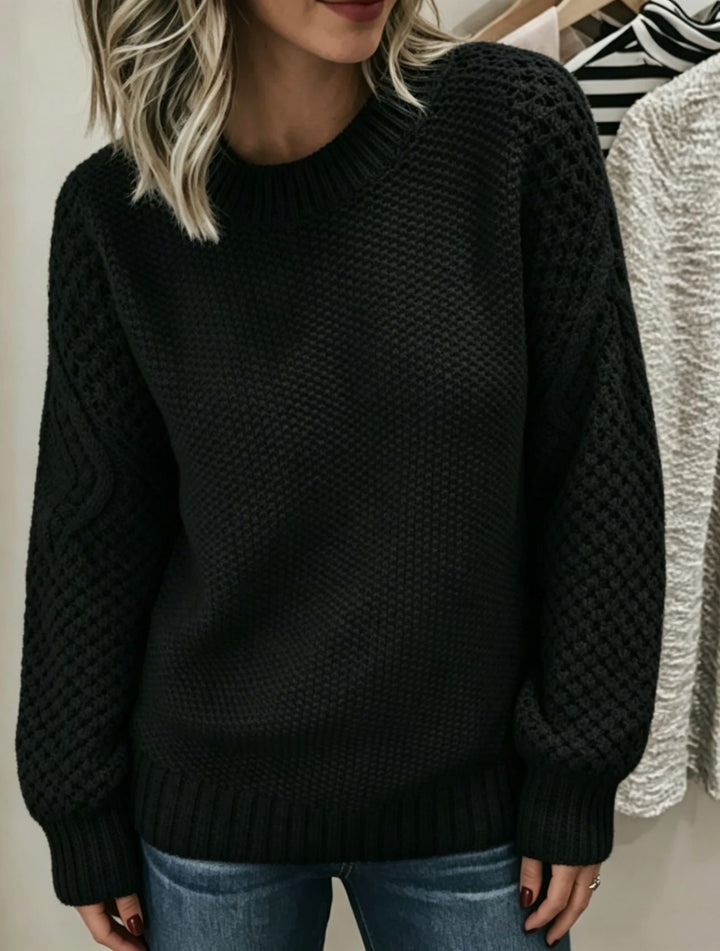 Women Chunky Knit Crew Neck Sweater with Openwork and Cable Knit Sleeves Mune Fashion