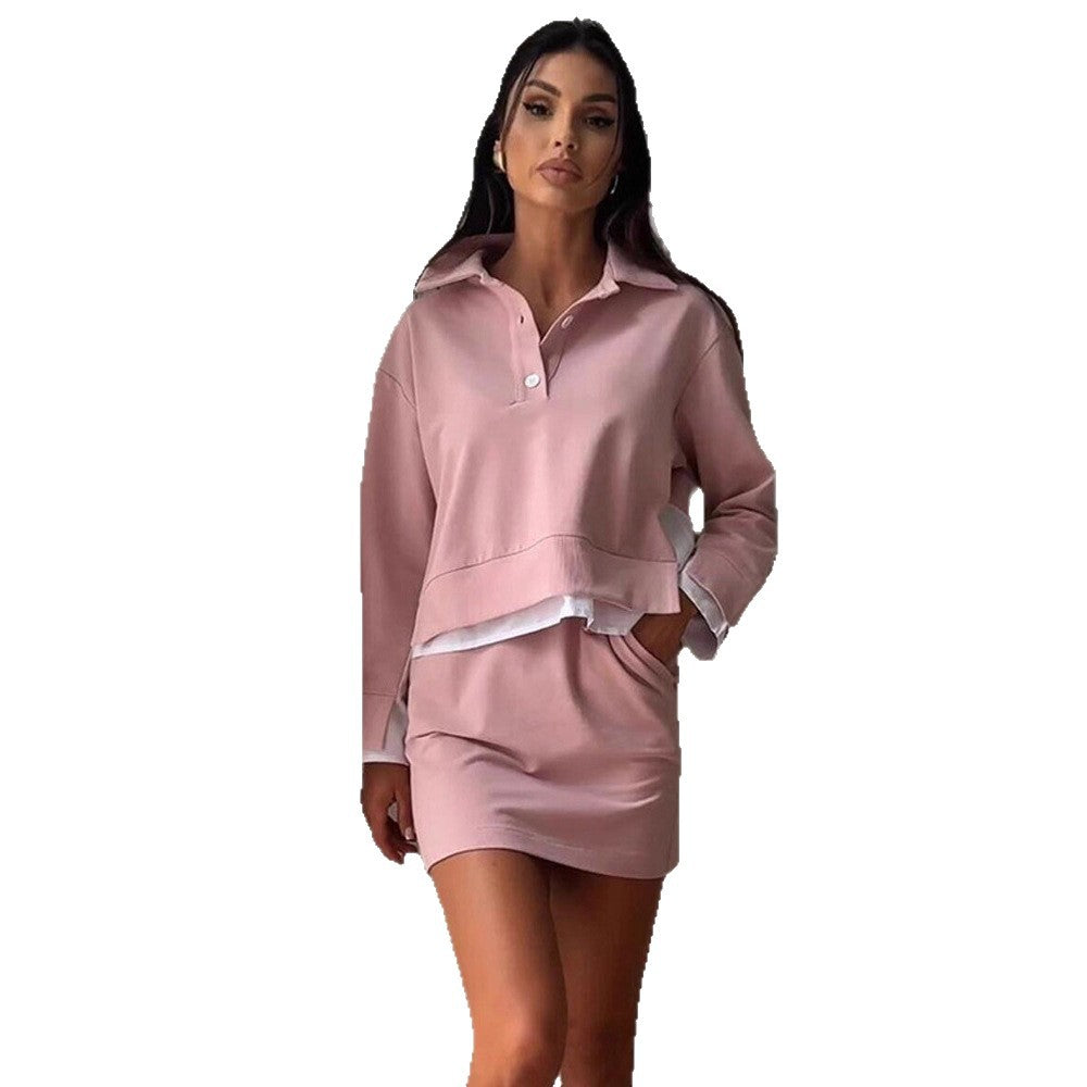 Women's Casual Two-Piece Sweatset with Shirt Collar, Cropped Pullover and High-Waist Bike Shorts Mune Fashion
