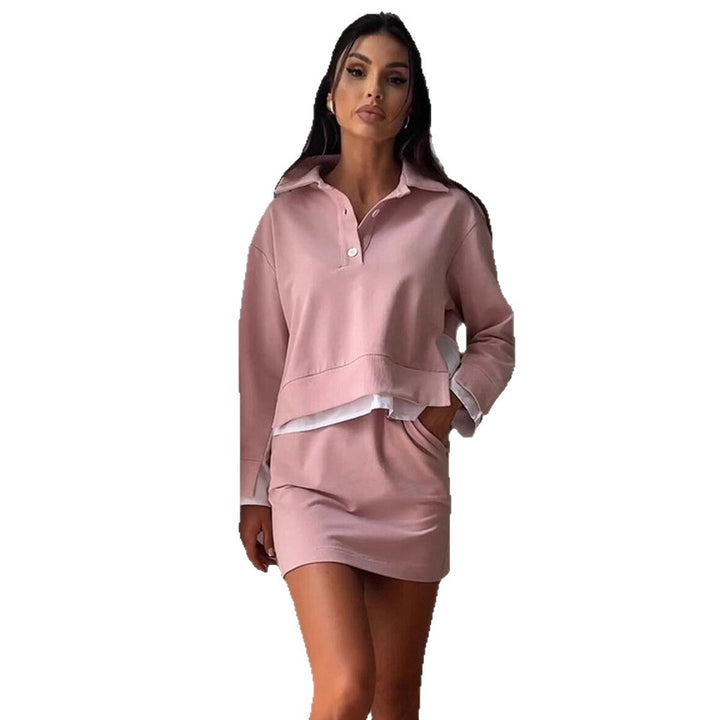 Women's Casual Two-Piece Sweatset with Shirt Collar, Cropped Pullover and High-Waist Bike Shorts Mune Fashion