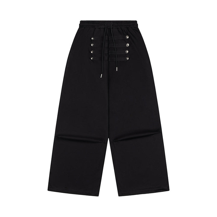 Ladies Wide High-Waist Culotte Pants with Comfort Waistband, Drawstring and Decorative Button Placket Mune Fashion