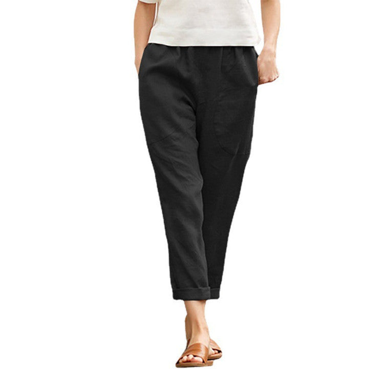 Women's light linen pants with elastic waistband, side pockets, and rolled hem Mune Fashion