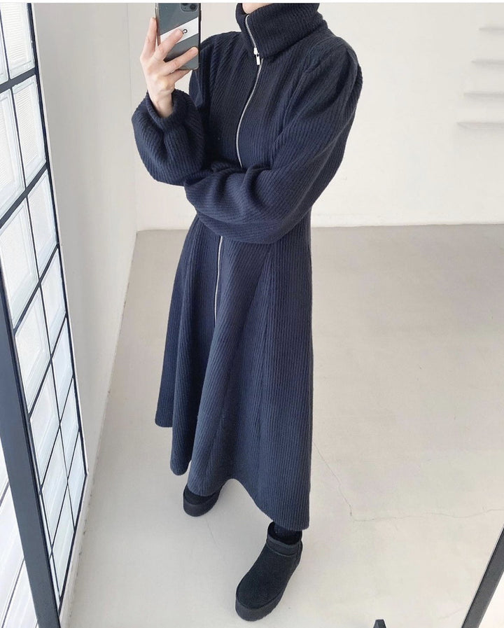 Women's Ribbed Knit Midi Dress with Zip Collar and Flared Skirt Mune Fashion
