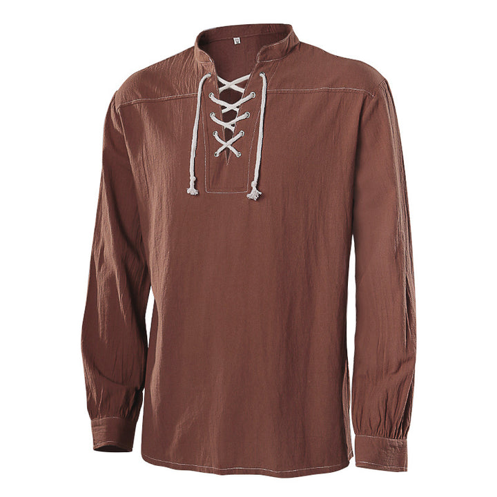 Men's casual short-sleeve shirt with laced V-neck, short stand-up collar, and soft cotton blend Mune Fashion