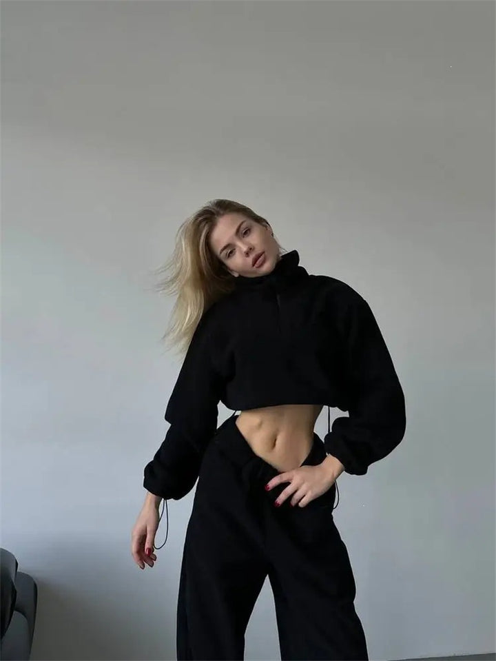 Women's Fleece Cropped Sweatshirt with Half Zip and Drawstring Mune Fashion