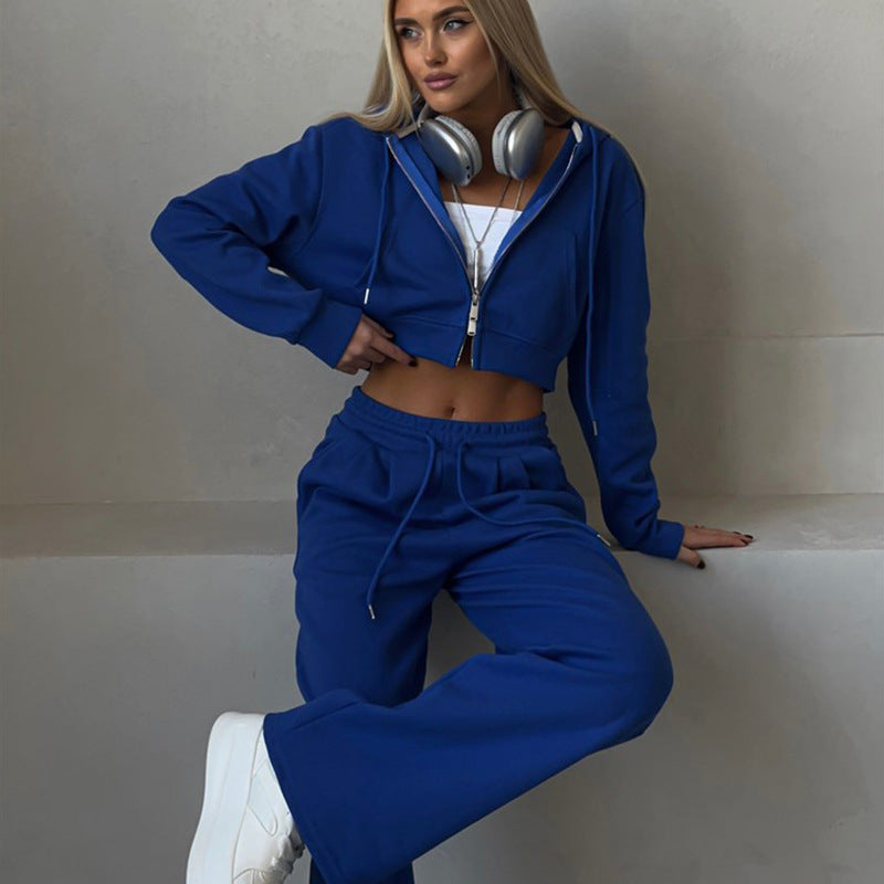 Women's cropped zip-up hooded sweatshirt with high-waisted palazzo jogger set Mune Fashion