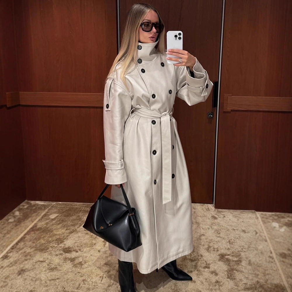 Women's Double-Breasted Leather-Look Coat with High Standing Collar and Tie Belt Mune Fashion
