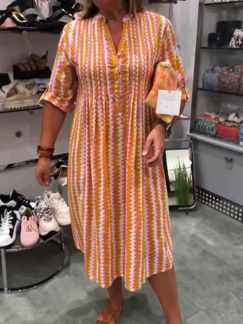 Ladies nan midi dress with underbust seam, V-neck, button placket and roll-up three-quarter sleeves Mune Fashion