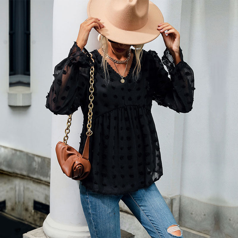 Women's Transparent Chiffon Blouse with V-Neck, Raised Dots Texture and Babydoll Silhouette Mune Fashion