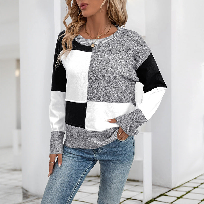 Women's block pattern knitted sweater with round neck and relaxed fit Mune Fashion
