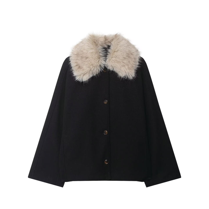 Women's wool cape with removable faux fur collar and concealed button placket Mune Fashion
