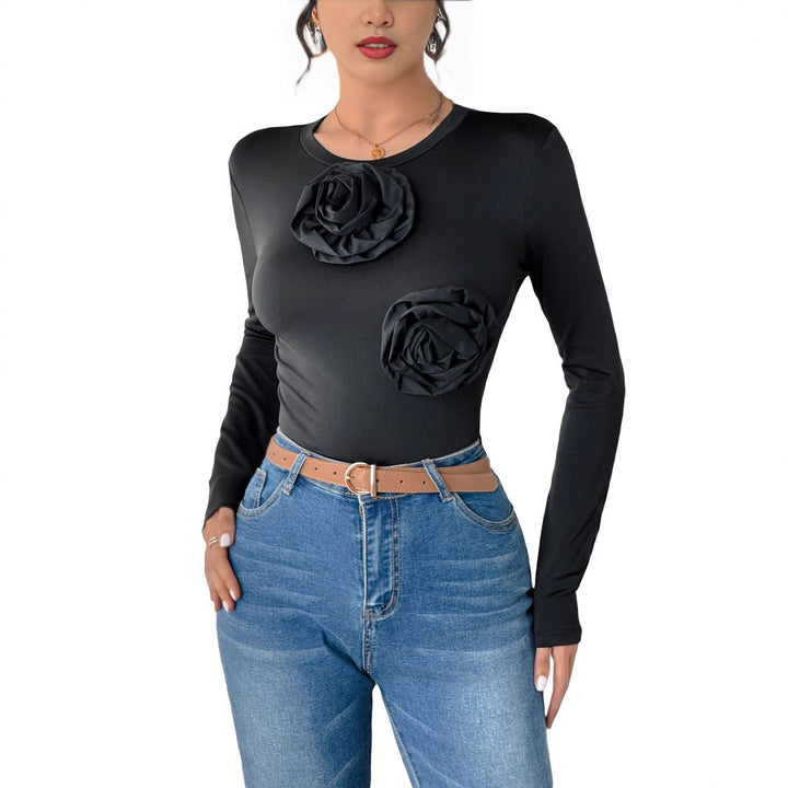 Women's Figure-hugging Long Sleeve Bodysuit with Three-dimensional Rose Appliqués Mune Fashion